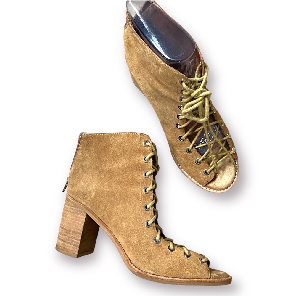 Jeffrey Campbell Cors Lace Up open toe tan Suede Booties size 10